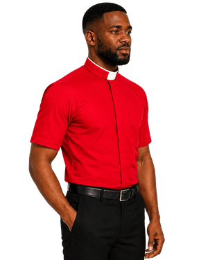 A man wearing a bright red short-sleeve clerical shirt with a white collar, paired with black trousers and a black belt, shown against a plain white background.