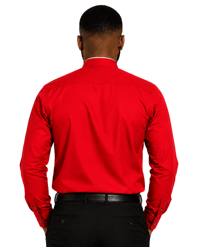 A man viewed from the back wearing a bright red long-sleeve clerical shirt with a white collar, paired with black trousers and a black belt, against a plain white background.