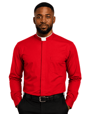 A man wearing a vibrant red long-sleeve clerical shirt with a mock neck and a white collar tab, paired with black trousers and a black belt, set against a plain white background.