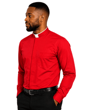 A man wearing a vibrant red long-sleeve clerical shirt with a white collar, paired with black trousers and a black belt, shown in profile against a solid white background.