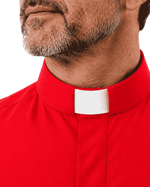 A close-up of a man's lower face and neck wearing a bright red clerical shirt with a white collar tab.