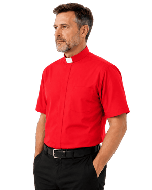 A man wearing a bright red short-sleeve clerical shirt with a white collar tab, paired with black trousers and a black belt, shown against a plain white background.
