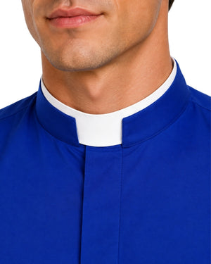 Close-up of a man wearing a royal blue clerical shirt with a white collar, cropped from the lower face to the chest against a plain white background.