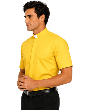 A man wearing a bright yellow short-sleeve clerical shirt with a white collar tab, paired with black trousers and a black belt, shown in profile against a plain white background.