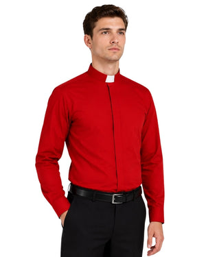 Man wearing a red shirt and black pants on a white background
