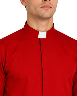 Red clerical shirt with a white collar on a white background