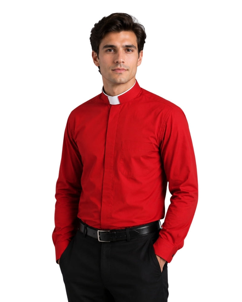 Man wearing red clerical shit with roman collar on white background.
