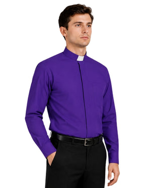 Man wearing purple clerical shirt on white background.