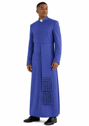Man wearing a blue robe with fringes on a white background