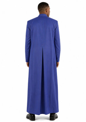 Man wearing a long blue robe on a white background