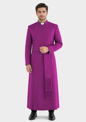 Man wearing a purple cassock with a stole on a white background