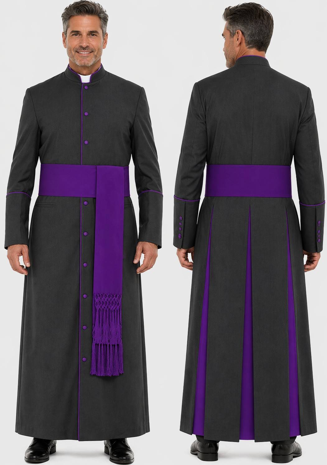 Priestly robe with purple accents worn by a man on a white background