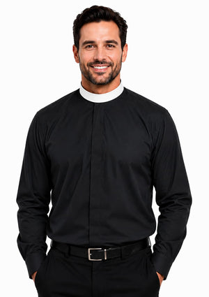 Man wearing a black shirt with a white collar on a white background