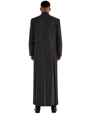 A man viewed from the back wearing a long black robe or coat with buttoned cuffs, standing against a plain white background.