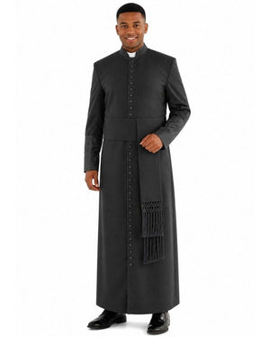 A man modeling a long black clerical robe with a stand collar, front button placket, and a matching dark gray stole draped over one shoulder, shown against a plain white background.