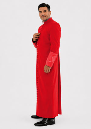 Man wearing a long red robe on a white background