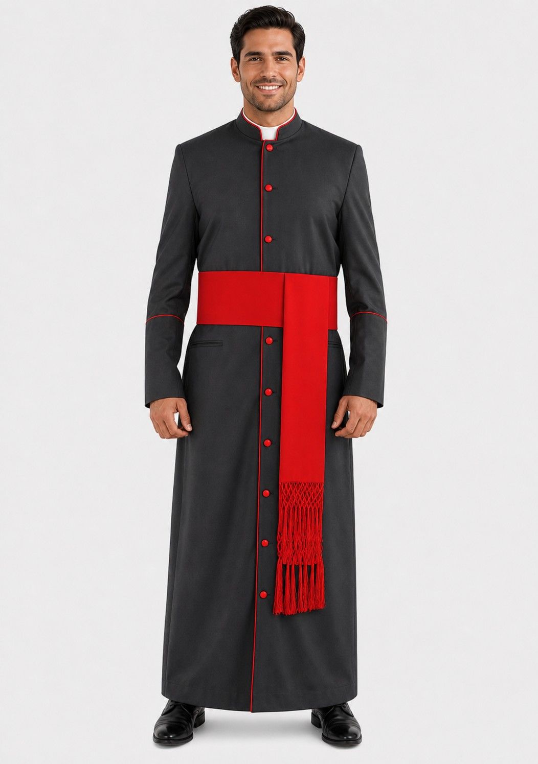 Man wearing a black and red clerical robe on a white background