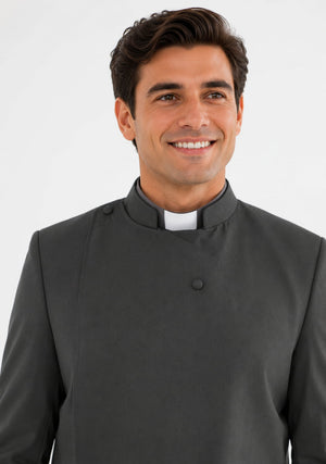 Priest wearing a gray cassock on a white background