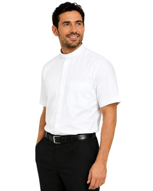 Man wearing a white clerical shirt with a white collar on a white background