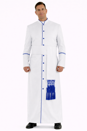 Man wearing a white robe with blue accents on a white background