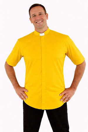 Man wearing a yellow clerical shirt on a white background