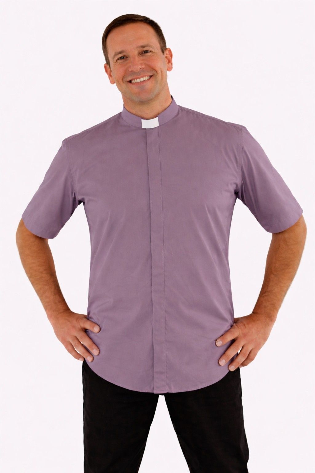 Man wearing a gray clerical shirt with a white background