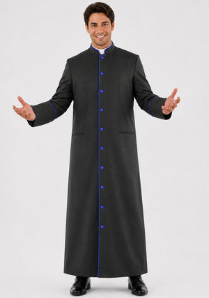 Man wearing a black robe with blue buttons on a white background