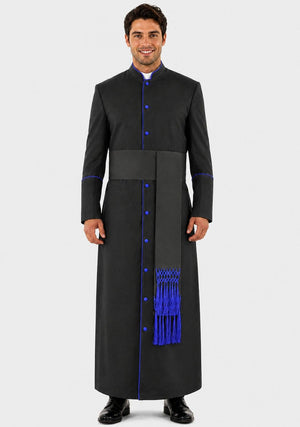 Man wearing a black robe with blue accents on a white background