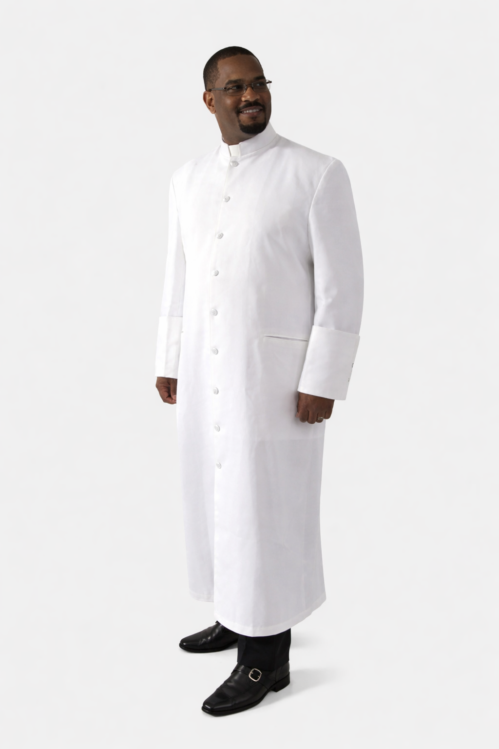 Man wearing a long white robe on a white background