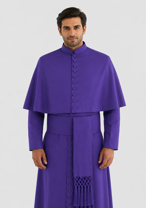Man wearing a purple religious robe on a light gray background