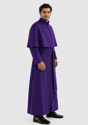 Man wearing a purple outfit with a matching cape on a white background