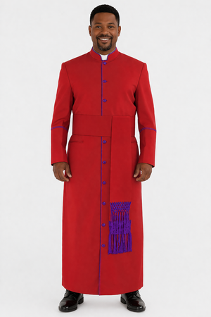 Man wearing a red robe with purple accents on a white background