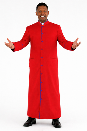 Man wearing a red robe with purple accents on a white background