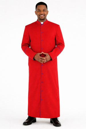 Man wearing a red robe with purple buttons on a white background