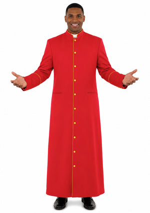 Man wearing a red robe with gold buttons on a white background