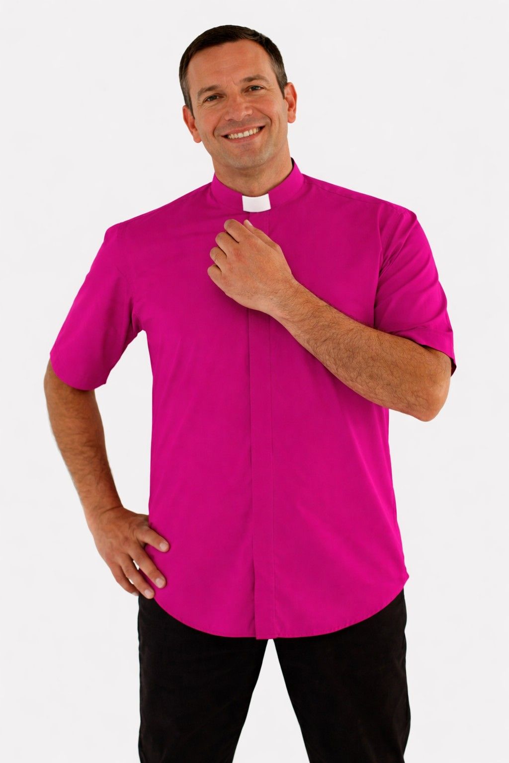 Man wearing a bright pink clerical shirt on a white background