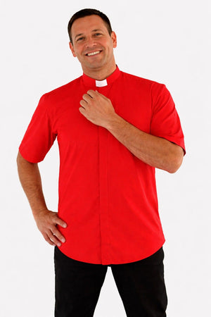 Man wearing a red clerical shirt on a white background