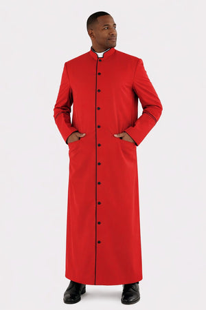 Man wearing a long red robe with black buttons on a white background