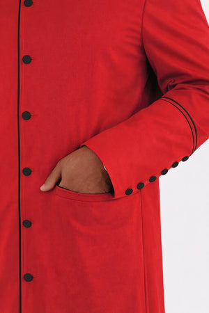 Red robe with black buttons on a white background
