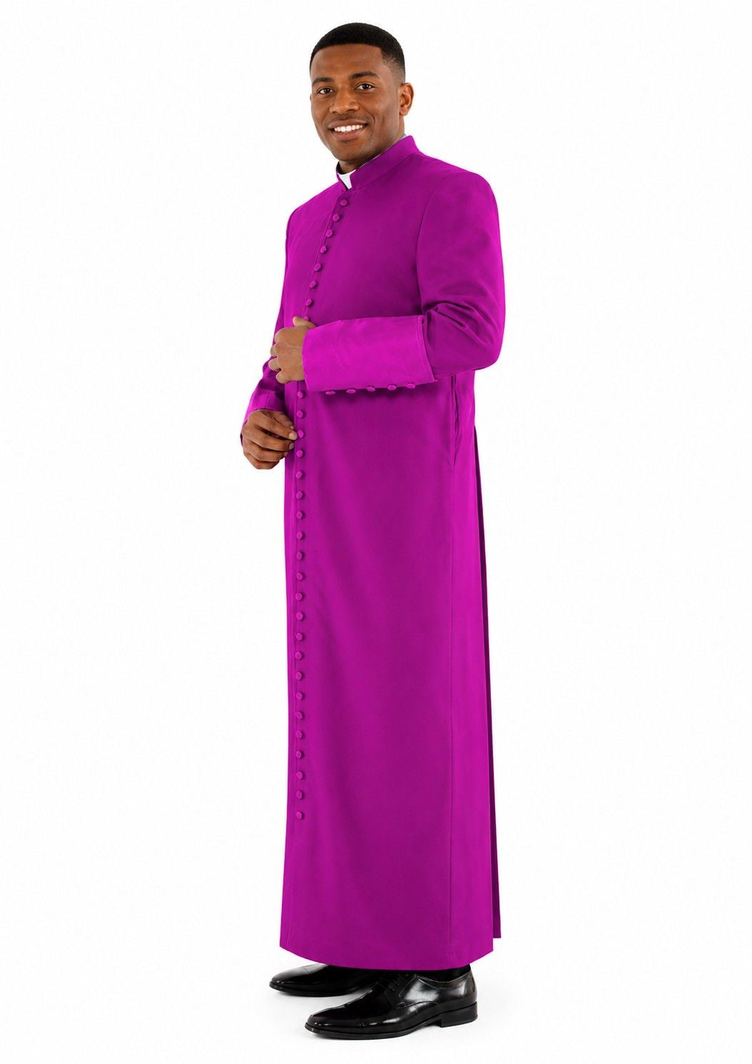 Man wearing a bright purple robe on a white background