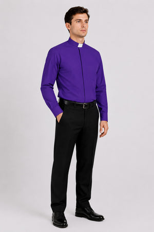 Man wearing a purple shirt and black pants on a white background