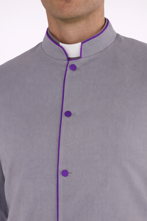 Gray robe with purple accent neck closeup