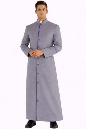 Man wearing a long gray robe with purple accents on a white background