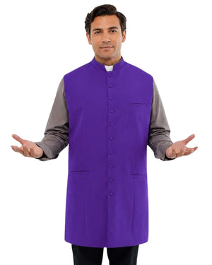 Man wearing a purple vest over a gray shirt on a white background