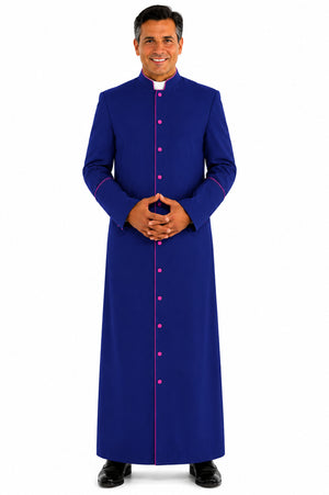 Man wearing a blue cassock with pink trim on a white background
