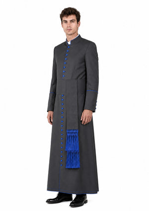 Man wearing a dark gray robe with blue accents on a white background