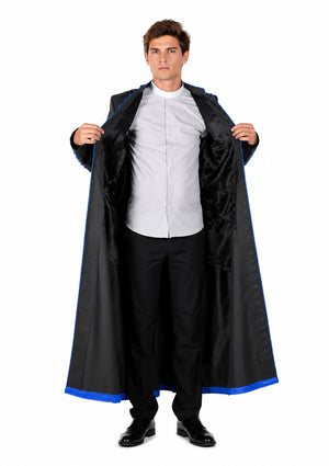 Man wearing a long black robe with a white shirt underneath on a white background