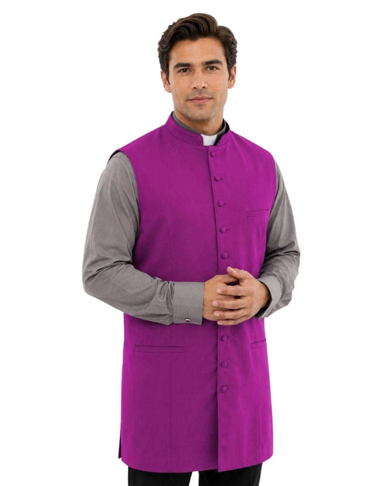 Man wearing a purple vest over a gray shirt on a white background