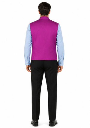 Person wearing a purple vest over a light blue shirt and black pants on a white background
