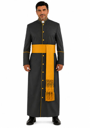 Man wearing a black and yellow clerical robe on a white background
